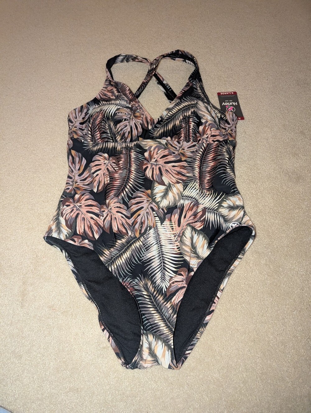 Nwt Hurley Women's One Piece scattered palm Swimsuit UPF 50+ Sz XL